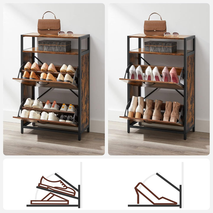 VASAGLE Schuhschrank, schmales Schuhregal, Schuhkipper mit 2 Klappen, für 8-12 Paar Schuhe, platzspa