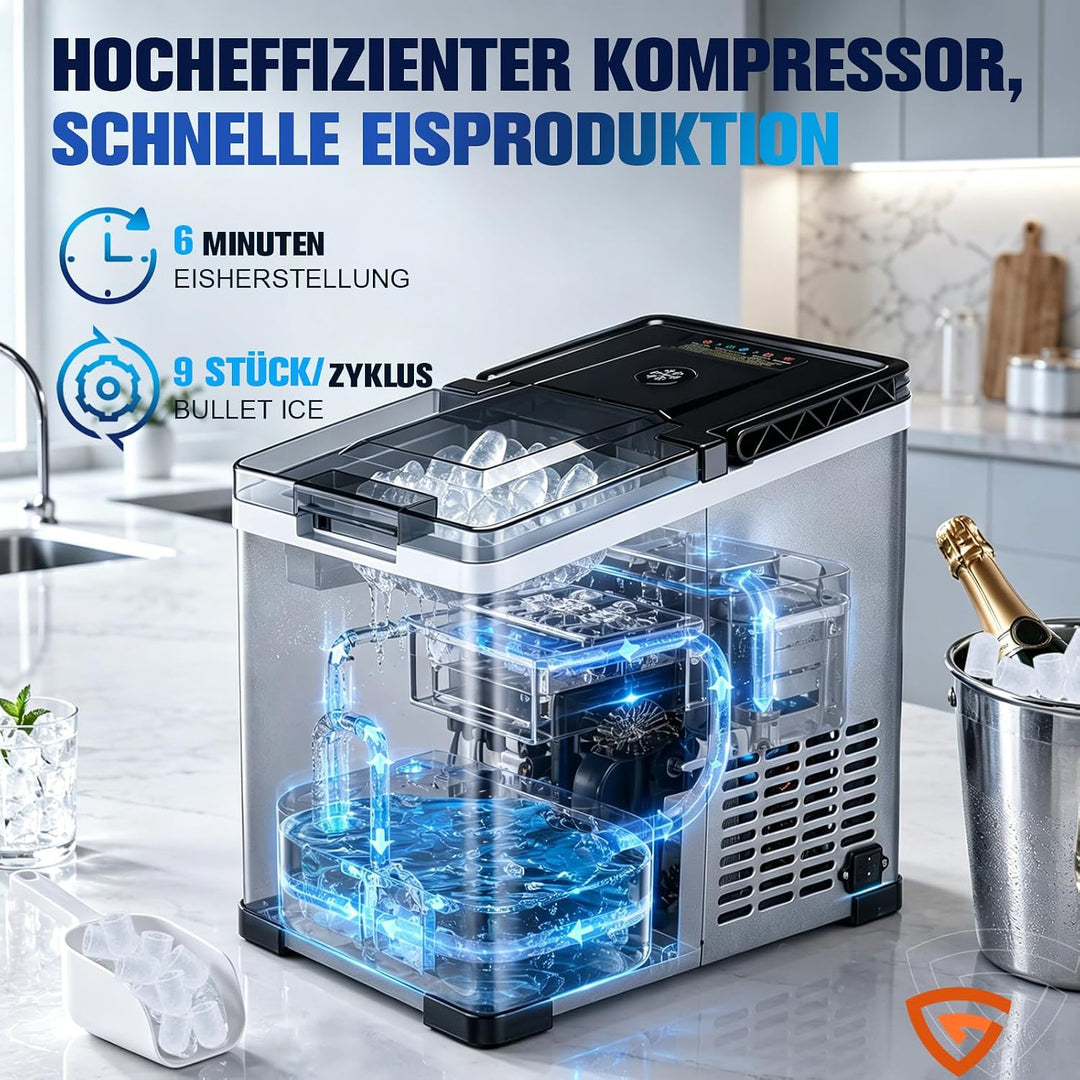 Tragbarer Eiswürfelbereiter ICE16 mit Kompressor, Eiswürfelmaschine 12V 24V 230V, Eiswürfel in 6 Min