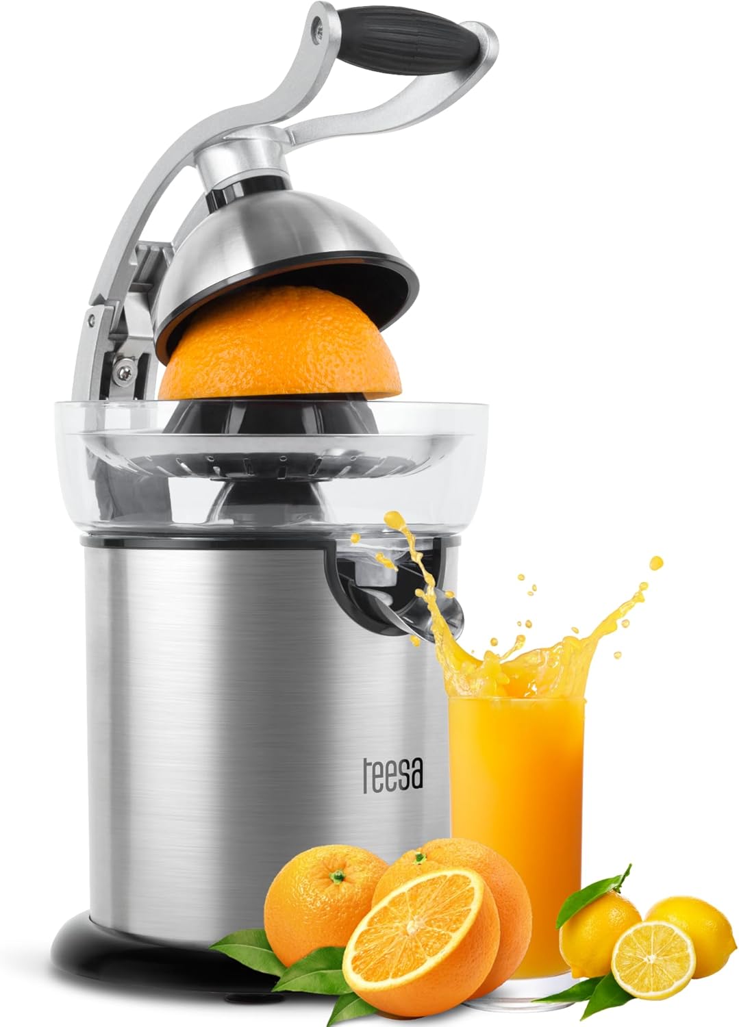Teesa TSA3011 Elektrische Zitruspresse, Saftpresse mit Griff 130 W / 350 ml Edelstahl, Silber