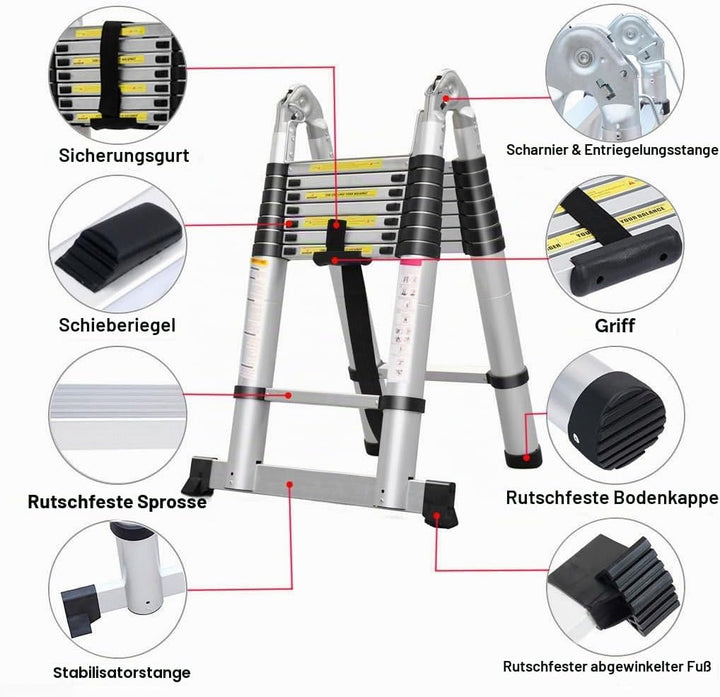 5M Teleskopleiter Alu Leiter Ausziehbare Klappleiter 2.5M + 2.5M Teleskop Leiter mit Stabilisator, H
