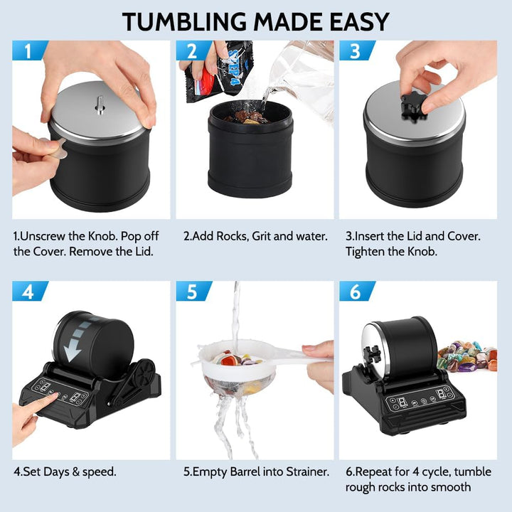 Rock Tumbler Kit Steintrommel Set, Steinschleifmaschine mit 9-Tage-Timer & 9-Gang-Einstellungen, Kom