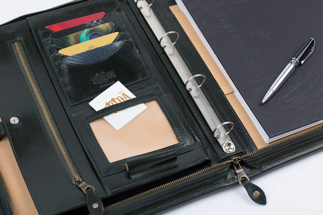 Dokumentenmappe aus italienischem Leder, mit Reissverschluss, A4, Padfolio mit 4 Ringen, Leder mit G