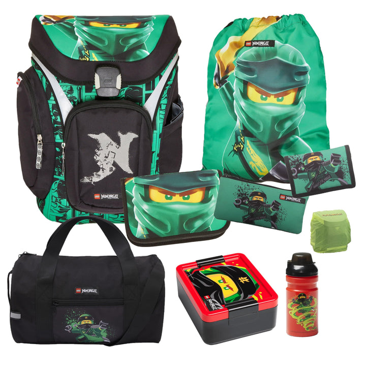 Familando - Schulranzen Set 9-teilig mit Sporttasche - Ninjago Grün - Ergonomisch, stabil & mit gepo