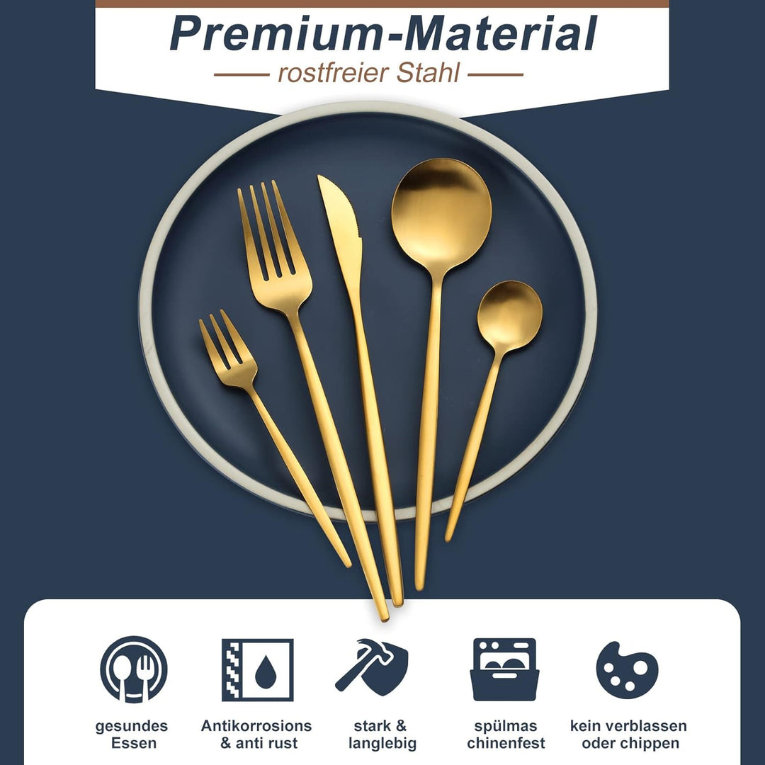 Bestdin Besteck Set 6 Personen, 30 teilig Edelstahl Besteckset Gold Matt, Essbesteck Set mit Messer