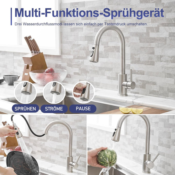 Wasserhahn Küche, Edelstahl, Hochdruck Küchenarmatur mit Herausziehbarer Brause Ausziehbar Armatur,