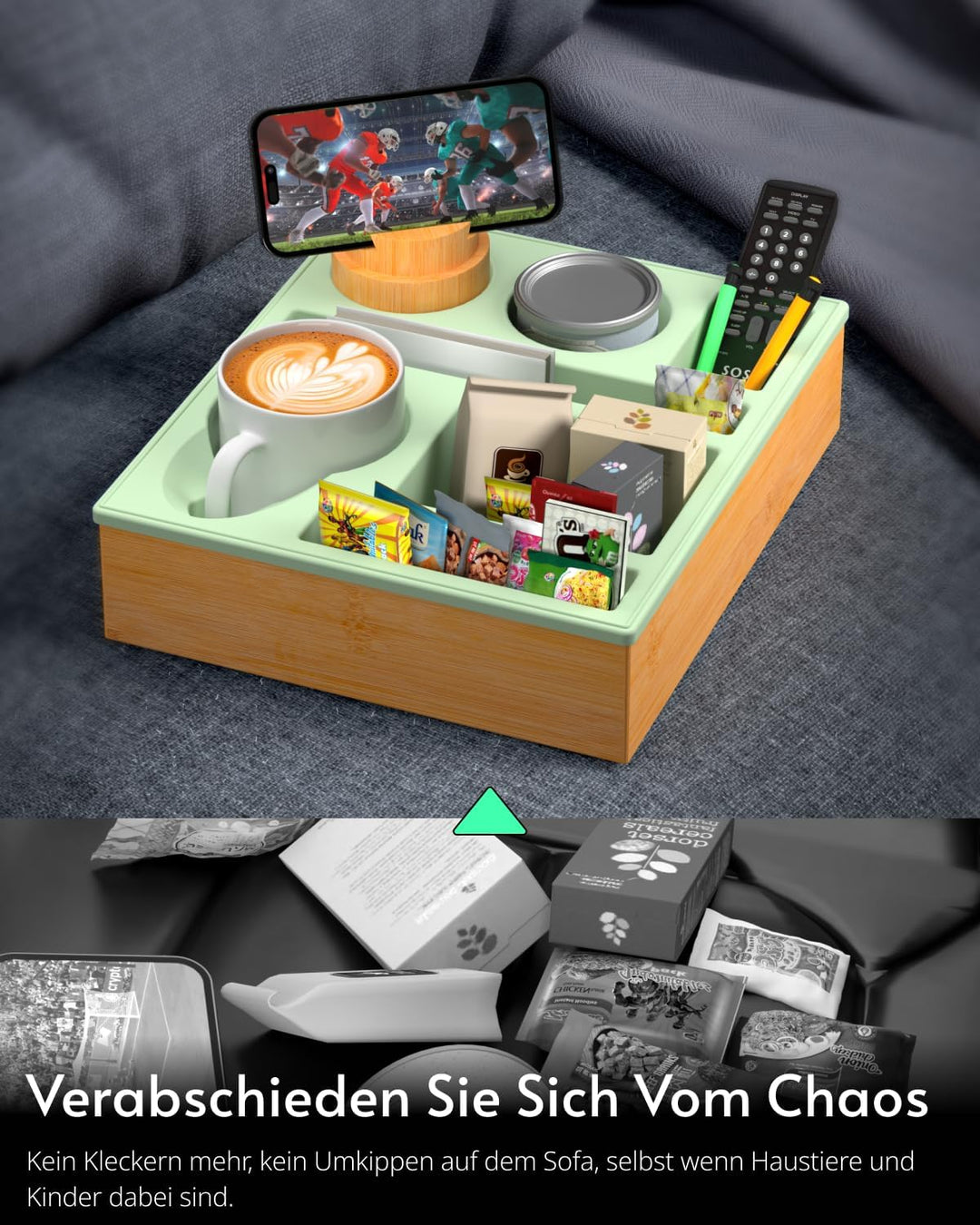 Couchbar Snackbox Silikon sofatablett mit 360 Grad Drehbar Handyhalter beistelltisch mit Holz Sofata
