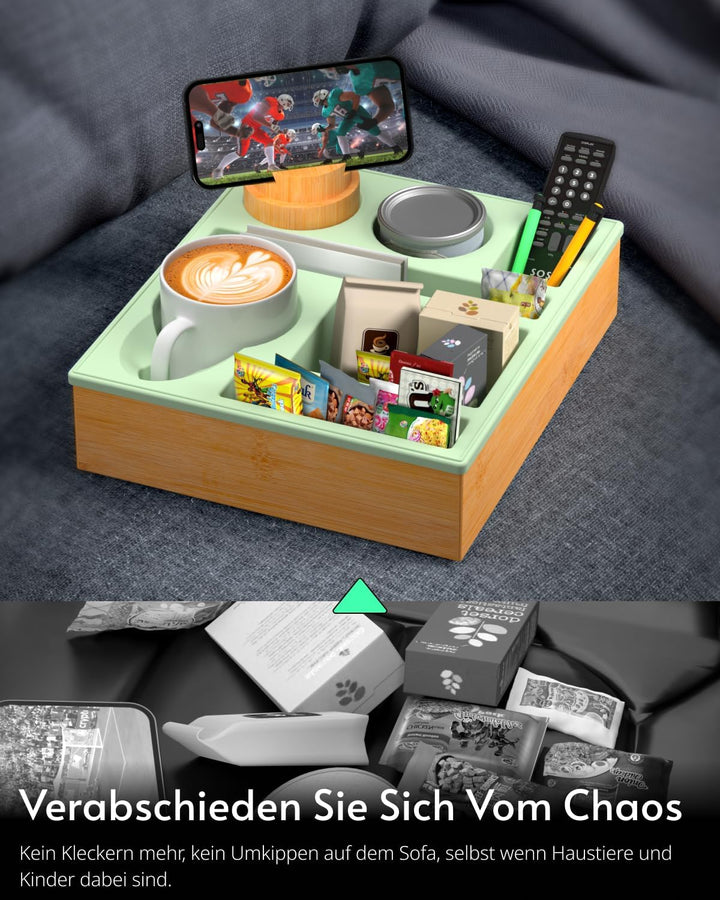 Couchbar Snackbox Silikon sofatablett mit 360 Grad Drehbar Handyhalter beistelltisch mit Holz Sofata