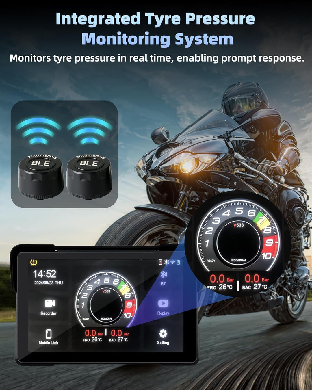 Jansite Motorrad Carplay Bildschirm Android Auto mit TPMS Reifendrucküberwachungssystem, 7 Zoll Moto