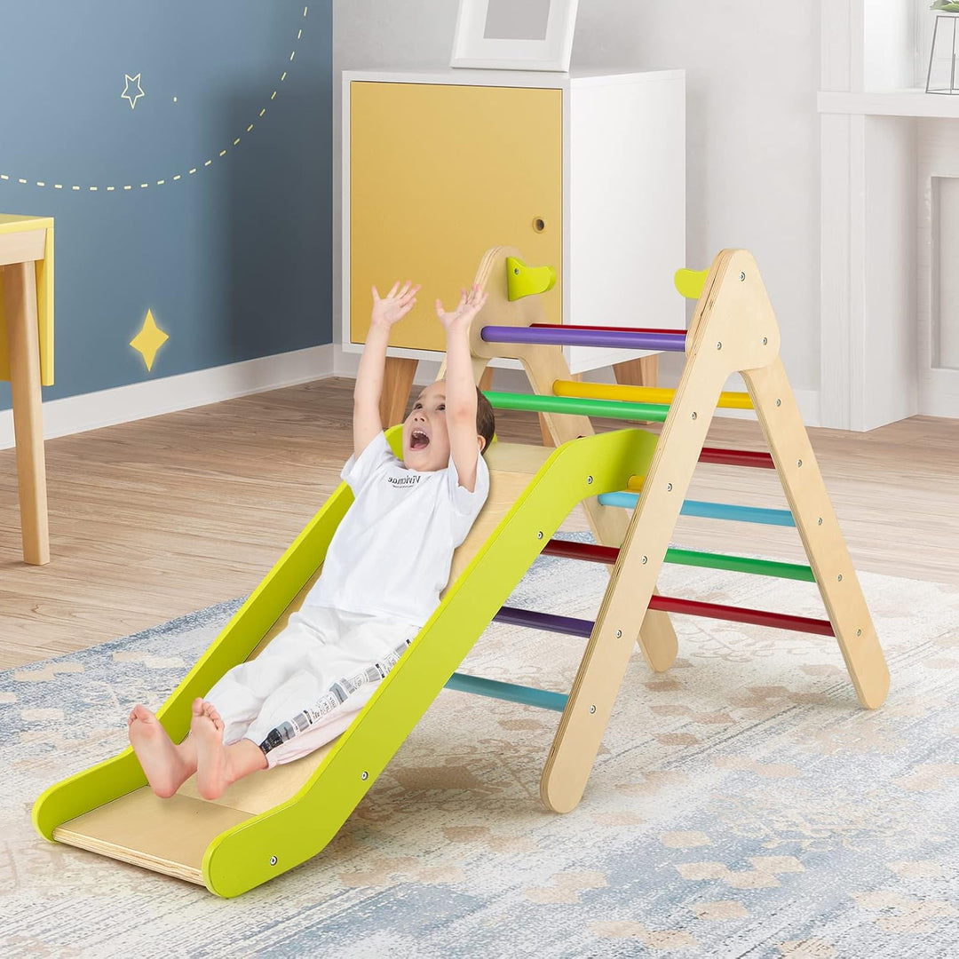 DREAMADE 2 in 1 Kletterdreieck mit Rutschbrett, Indoor Klettergerüst, Holzdreieck Sprossendreieck Kl