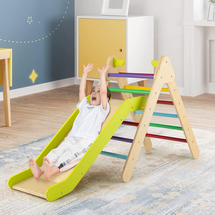 DREAMADE 2 in 1 Kletterdreieck mit Rutschbrett, Indoor Klettergerüst, Holzdreieck Sprossendreieck Kl