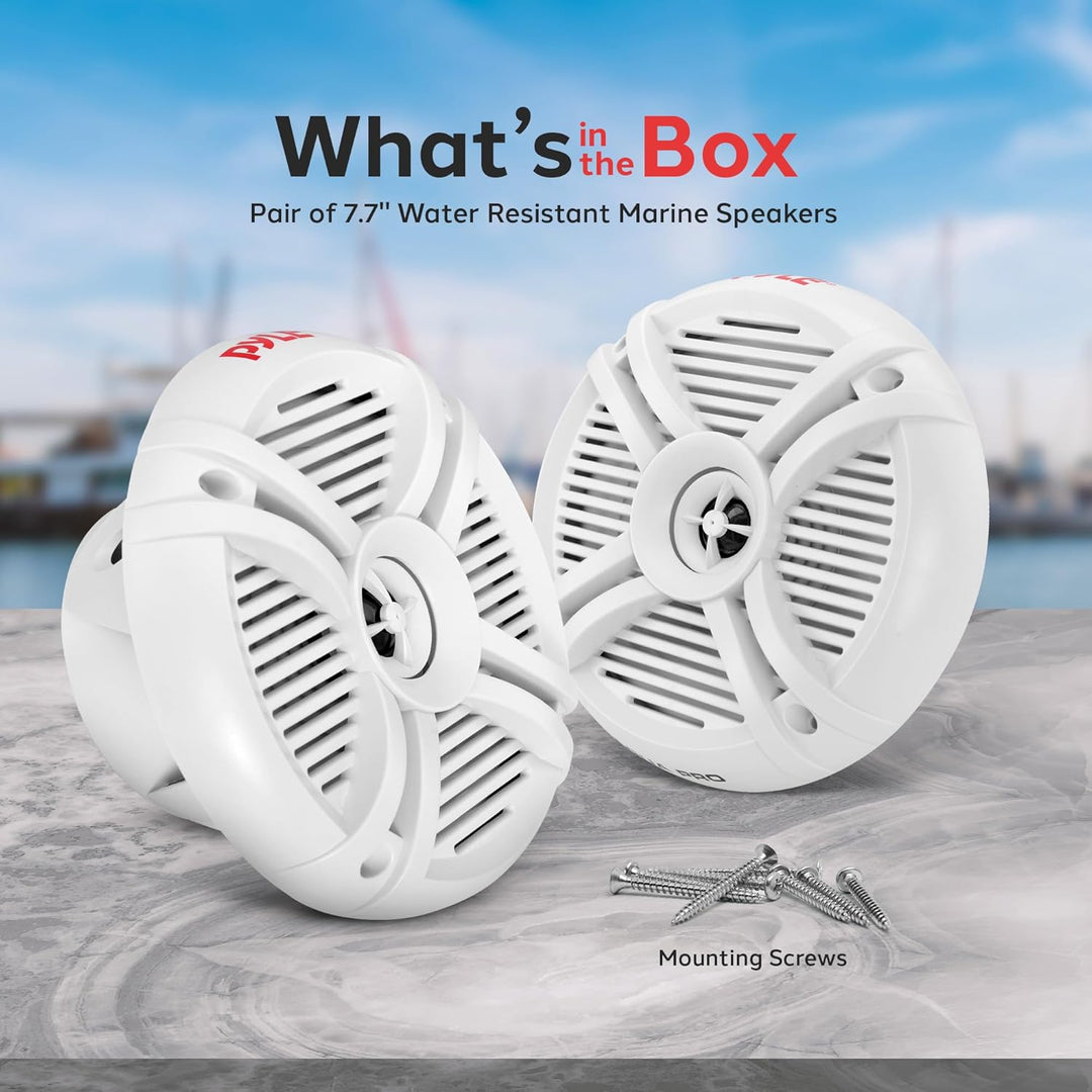 Pyle Dual 7.7'' Water Resistant Marine Speakers, 2-Way Full Range Stereo Sound, 280 Watt, White (Pai