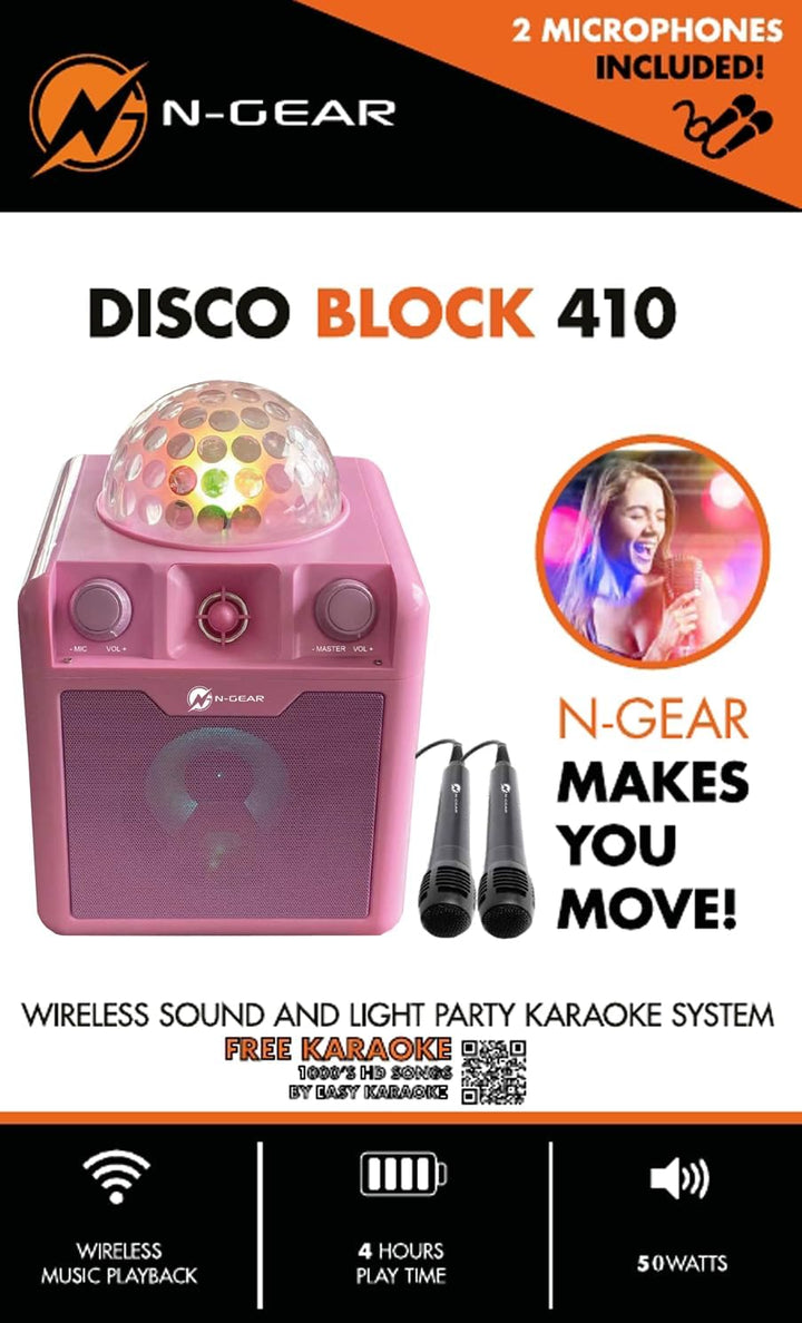 N-Gear DISCO410 Karaoke & Party Bluetooth Lautsprecher mit Discokugel, Mikrofon und Power Bank Funkt