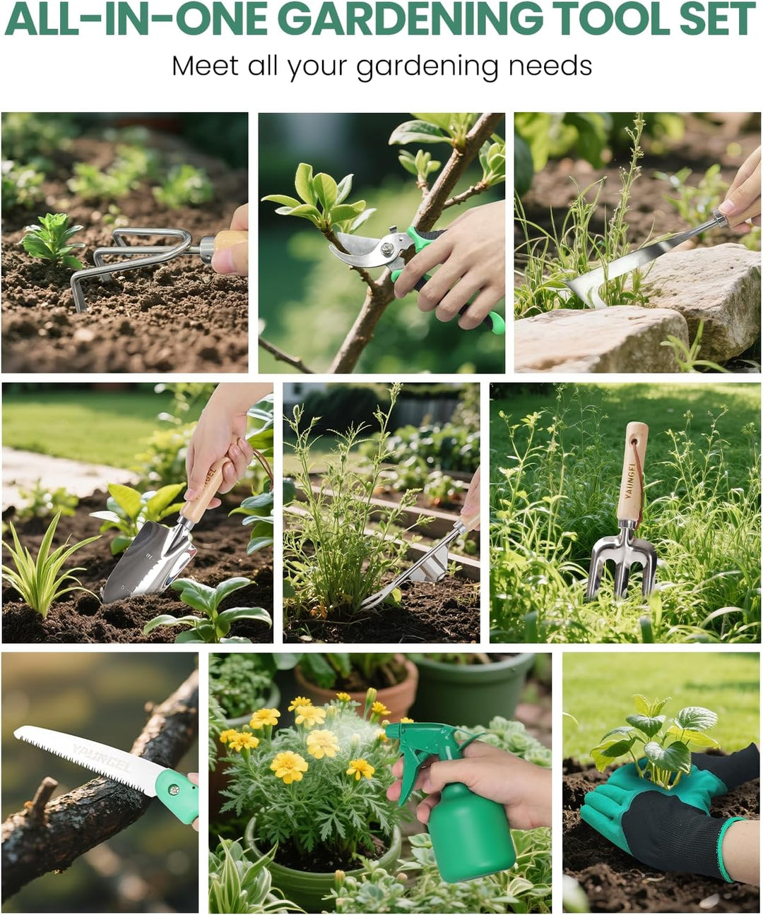 YAUNGEL Gartenwerkzeug Set, 10 Stück Schwerlast Edelstahl Gartenarbeit Kit, Gartengeräte Set mit Non