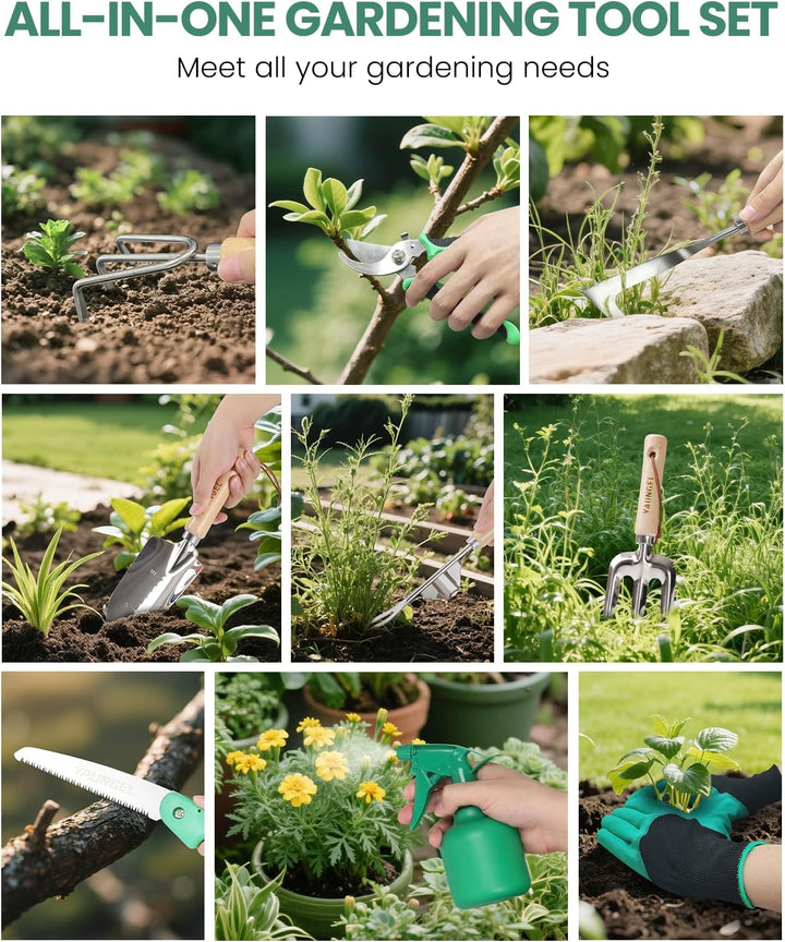 YAUNGEL Gartenwerkzeug Set, 10 Stück Schwerlast Edelstahl Gartenarbeit Kit, Gartengeräte Set mit Non
