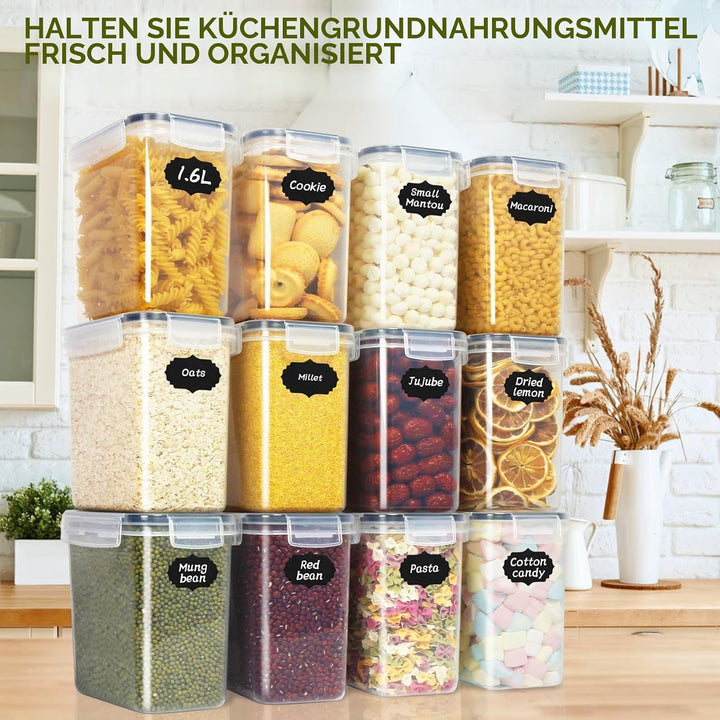 Cinnani 1.6L Vorratsdosen Set, Satz mit 12 Vorratsdosen mit Deckel Luftdicht, Müsli Schüttdose &amp; Fri