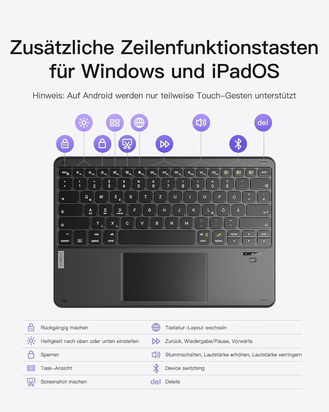 Inateck Tablet Tastatur mit Touchpad, Bluetooth Tastatur kompatibel mit Android/iOS-Systeme/Smartpho