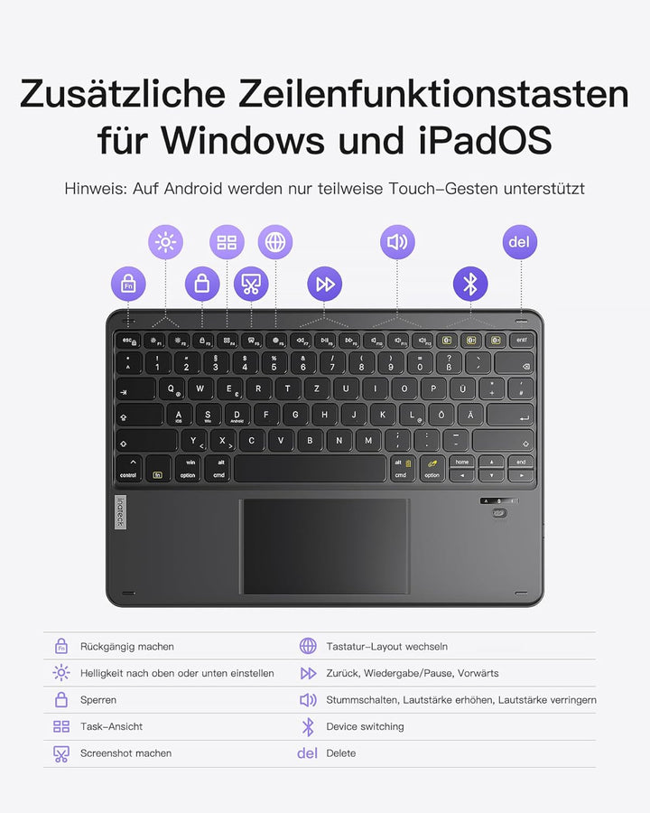 Inateck Tablet Tastatur mit Touchpad, Bluetooth Tastatur kompatibel mit Android/iOS-Systeme/Smartpho