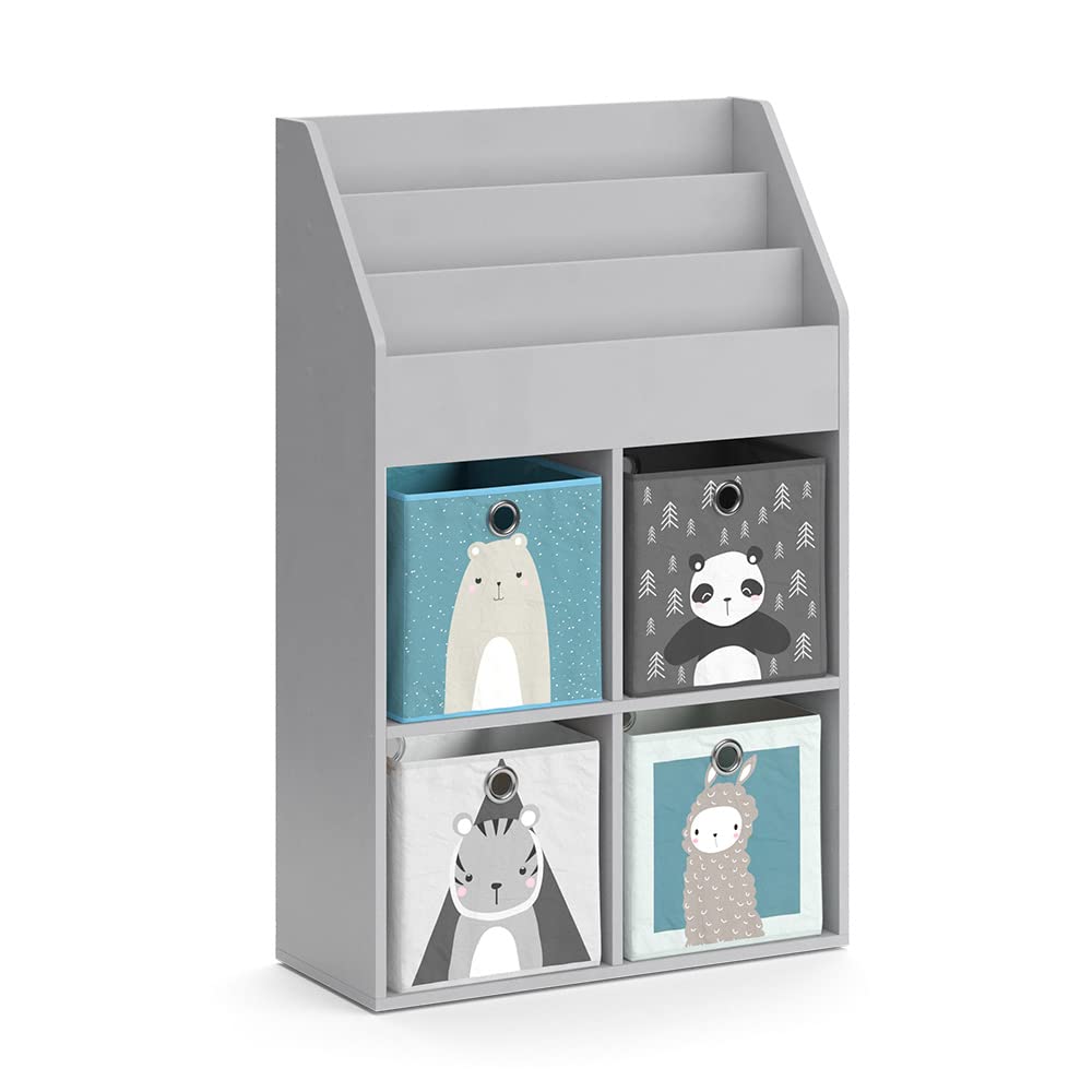 Vicco Kinderregal Grau Luigi mit 4 Faltboxen - 72x114x31 cm aus Spanplatte - Bücherregal ideal fürs