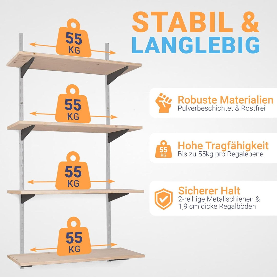 · Wandregal Metall mit Boden · Regal in 50 Varianten · Höhe: 150 cm · 4 Ebenen in 80 x 20 cm (B x T)