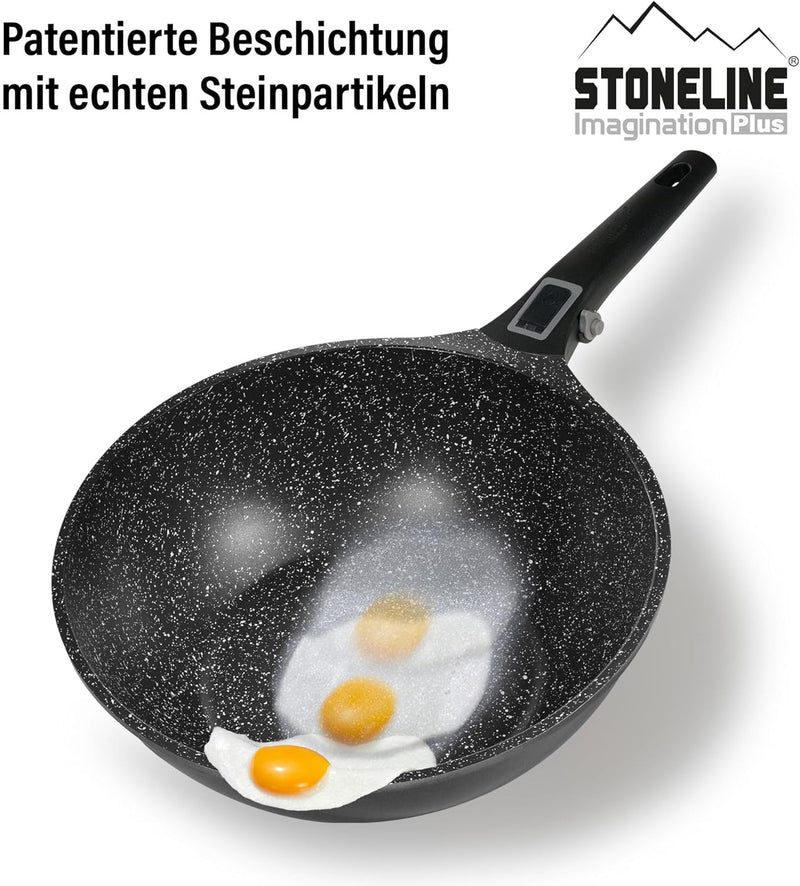 Stoneline Imagination Plus Wok 30 cm, mit Glasdeckel und abnehmbarem 3-Stufen-Sicherheitsgriff, Wokp