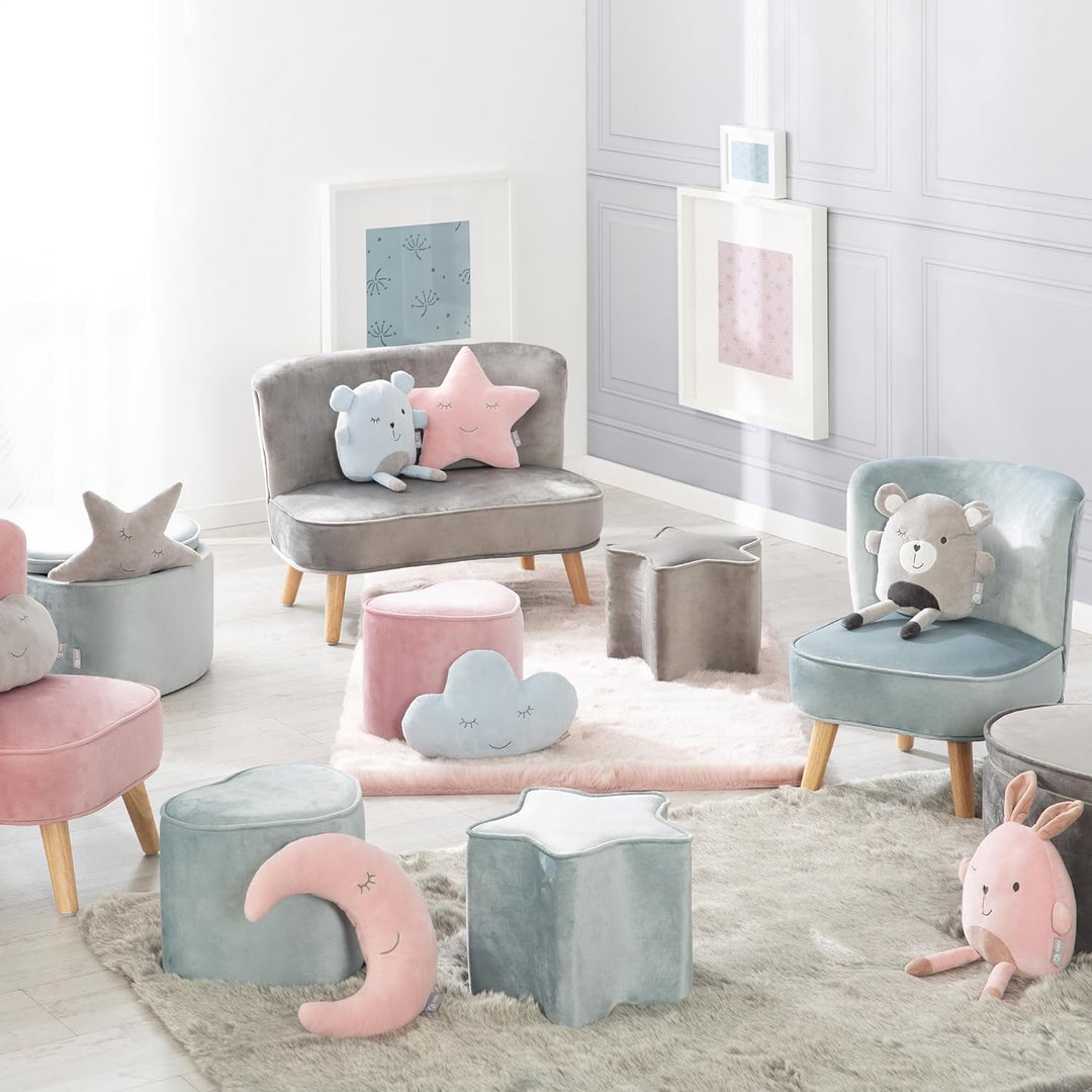 roba Kinderhocker Lil Sofa in Herzform - Bequemer Hocker in blauem Samtstoff - Polstermöbel Pouf für