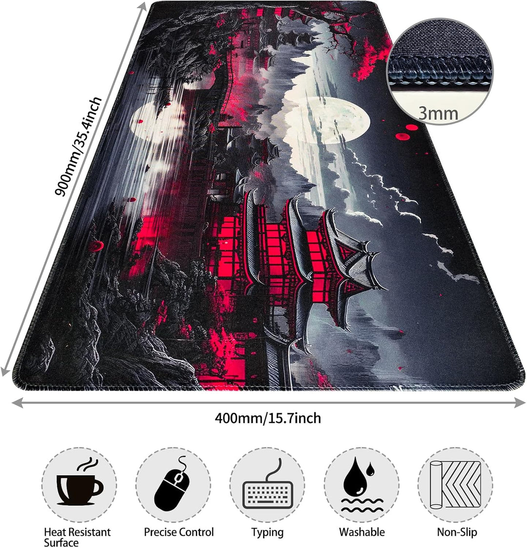 Mousepad XXL, Japanische Kunst Mauspads,900x400mm Überdimensionales rutschfeste Gummimatten Gaming-M
