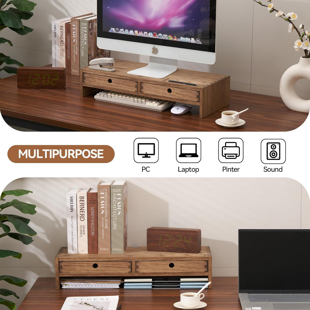 KIRIGEN hölzerner Monitorständer mit 2 Schubladen Computer Desktop Storage Organizer Lautsprecher TV
