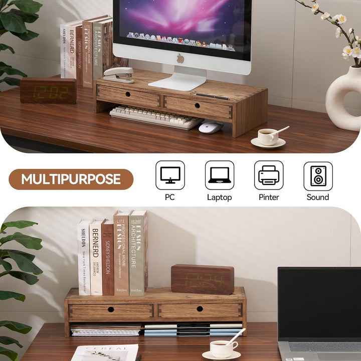 KIRIGEN hölzerner Monitorständer mit 2 Schubladen Computer Desktop Storage Organizer Lautsprecher TV