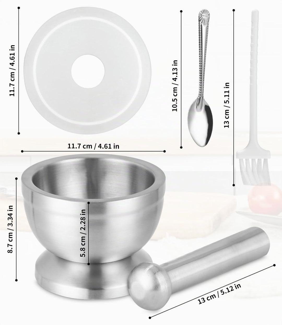 304 Mörser mit Stössel Set mit Stössel Klein, Löffel und Silikondeckel Gewürzmühle Brecher Kräutersc