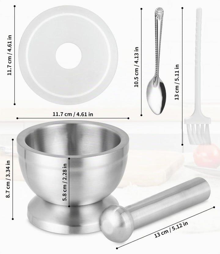 304 Mörser mit Stössel Set mit Stössel Klein, Löffel und Silikondeckel Gewürzmühle Brecher Kräutersc