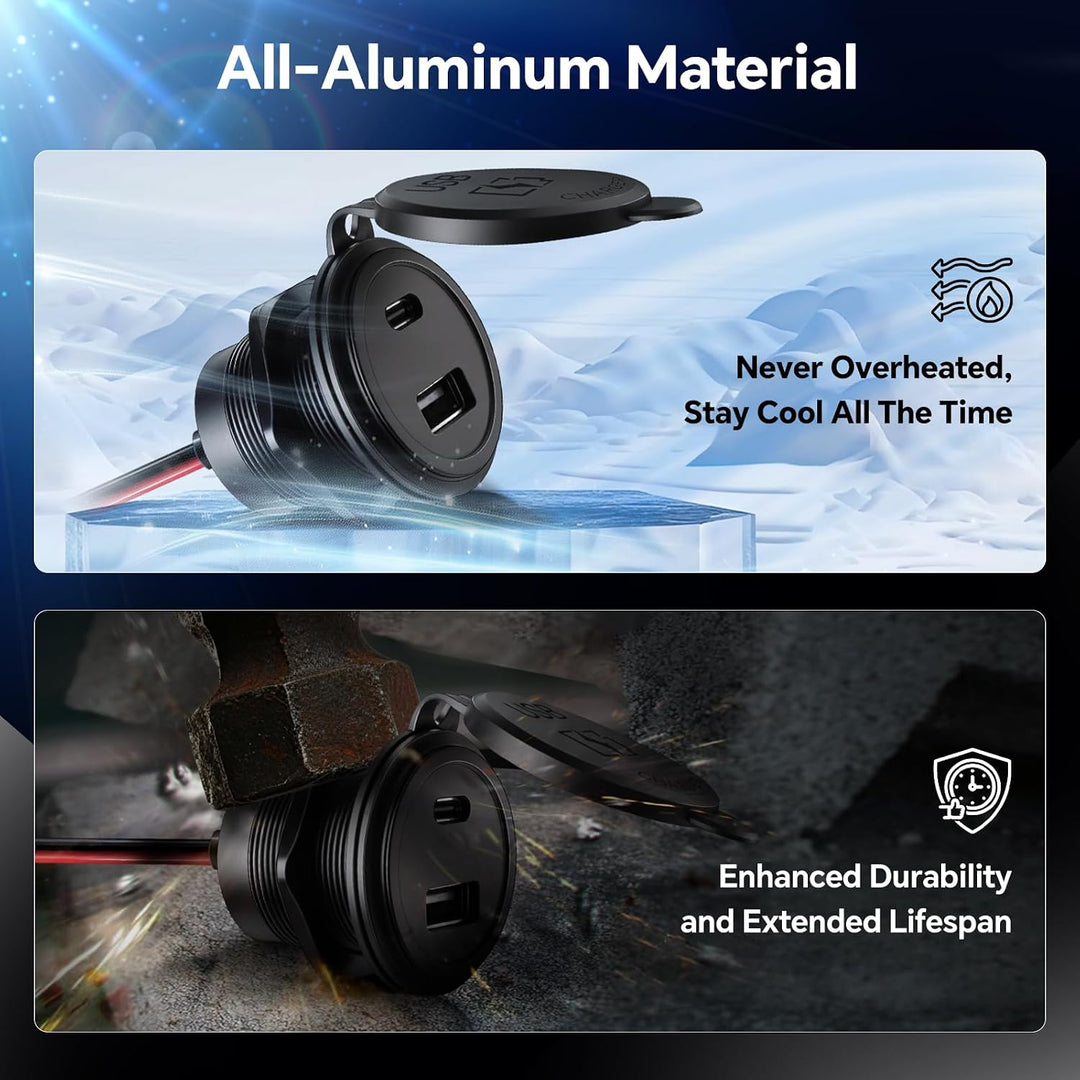 acegoo USB C Steckdose 12V Einbau Dose Buchse Aluminum Wasserdicht PD3.0 QC3.0, 12 Volt Ladegerät fü