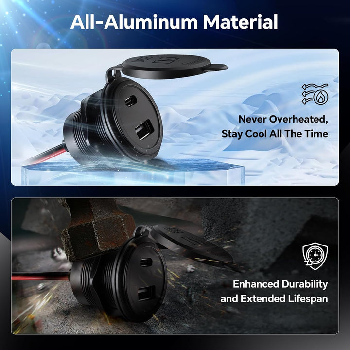 acegoo USB C Steckdose 12V Einbau Dose Buchse Aluminum Wasserdicht PD3.0 QC3.0, 12 Volt Ladegerät fü