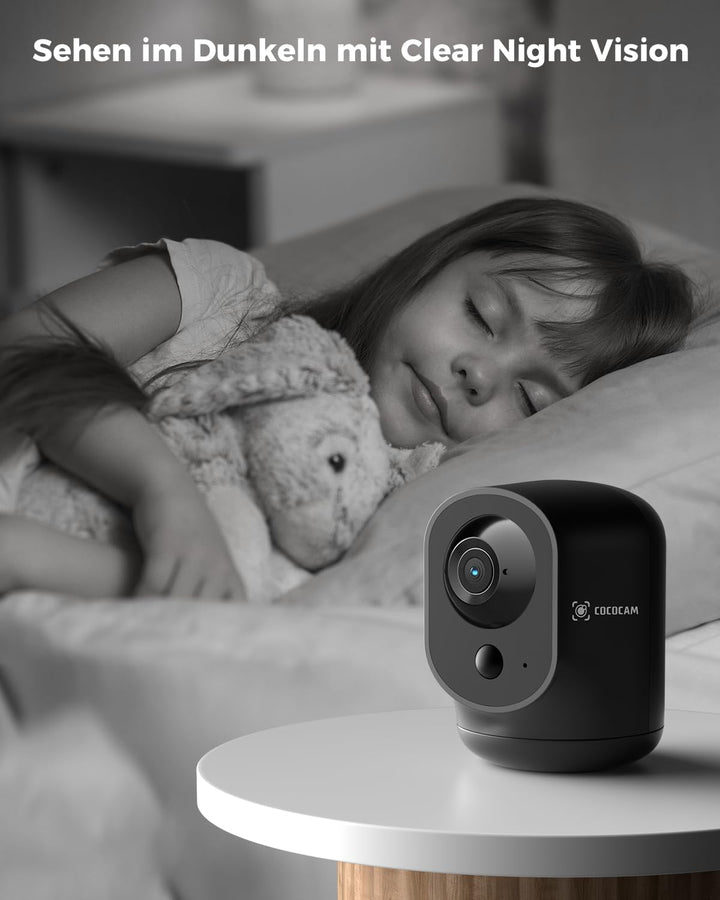 COCOCAM 2K Überwachungskamera Innen WLAN mit 5200mAh Akku, kabelloser 355°P 90°T, Baby Monitor Haust