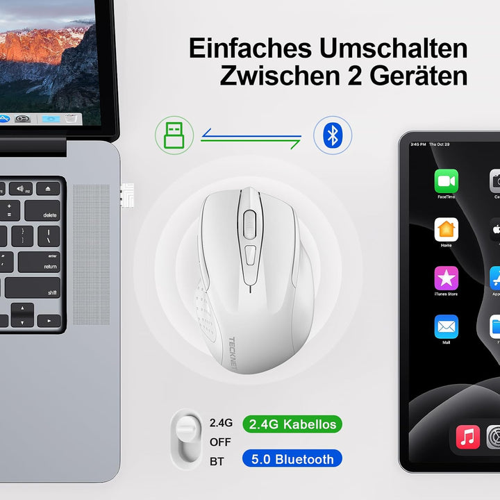 TECKNET Bluetooth Maus, Wiederaufladbare Maus Kabellos(DREI Modi: BT 5.0/3.0 + 2.4G), 4800 DPI, Ergo