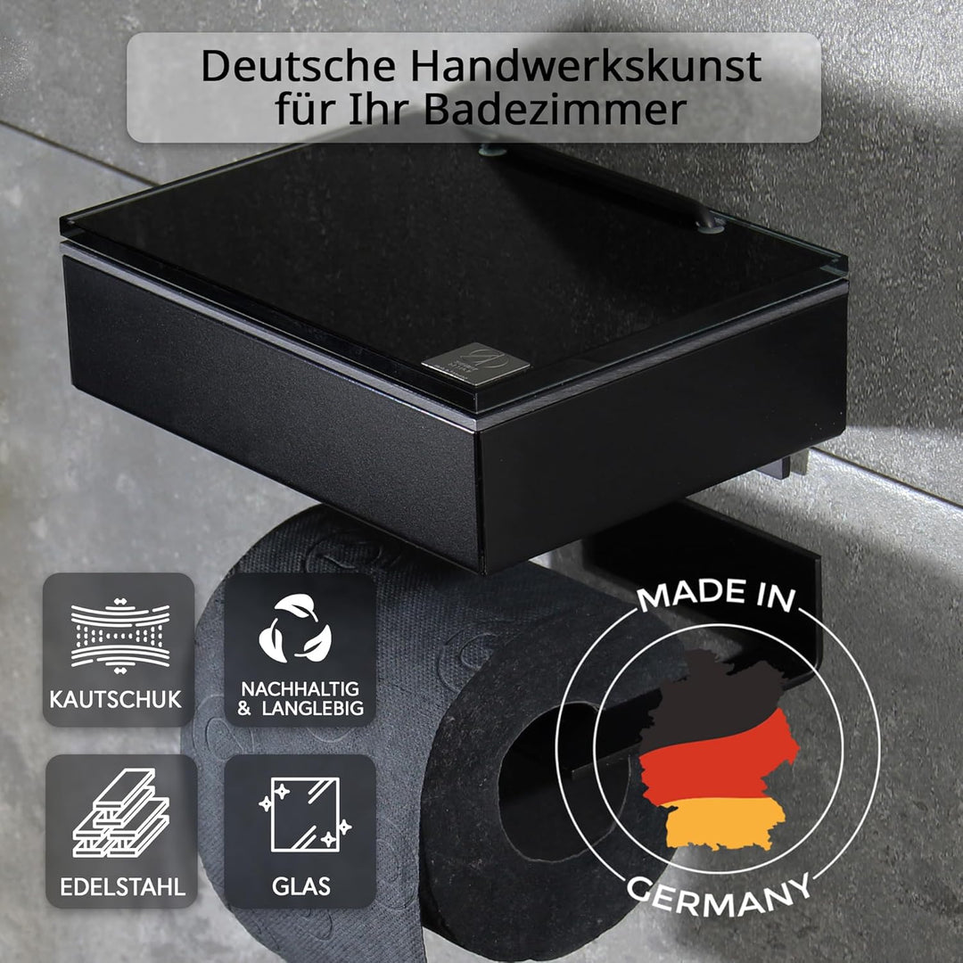 Toilettenpapierhalter mit Feuchttücherbox - Gehäuse Schwarz & Abdeckung Glas Schwarz - befüllbar von