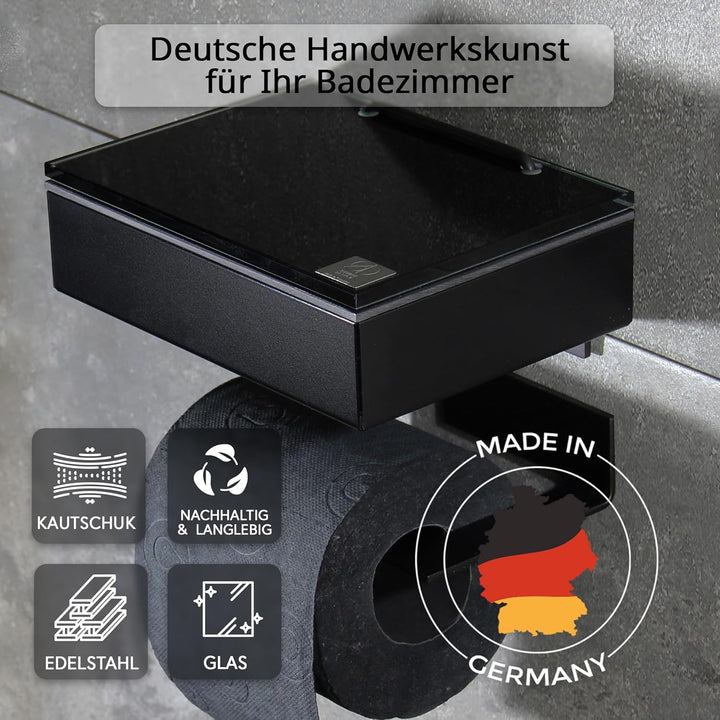 Toilettenpapierhalter mit Feuchttücherbox - Gehäuse Schwarz & Abdeckung Glas Schwarz - befüllbar von