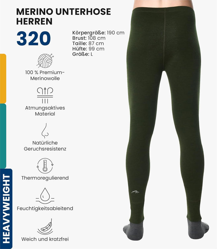 Merino Unterwäsche Herren - Lange Unterhosen Herren Merino Thermounterwäsche + Wollsocken 320 Army G