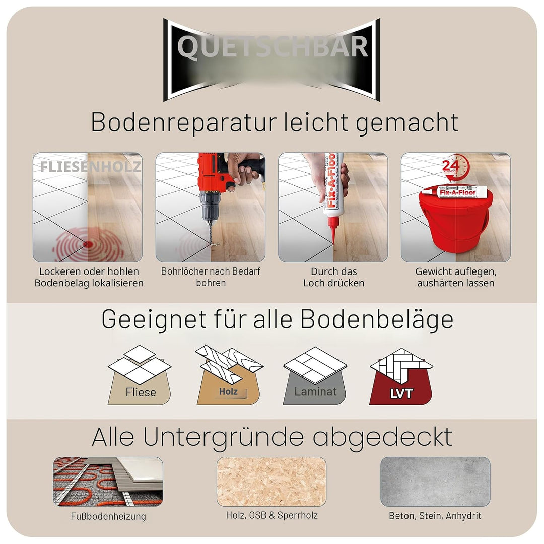Fix-A-Floor Squeezy All-in-One Reparaturkleber für lose, hohle und knarrende Fliesen, Holz, LVT, LVP