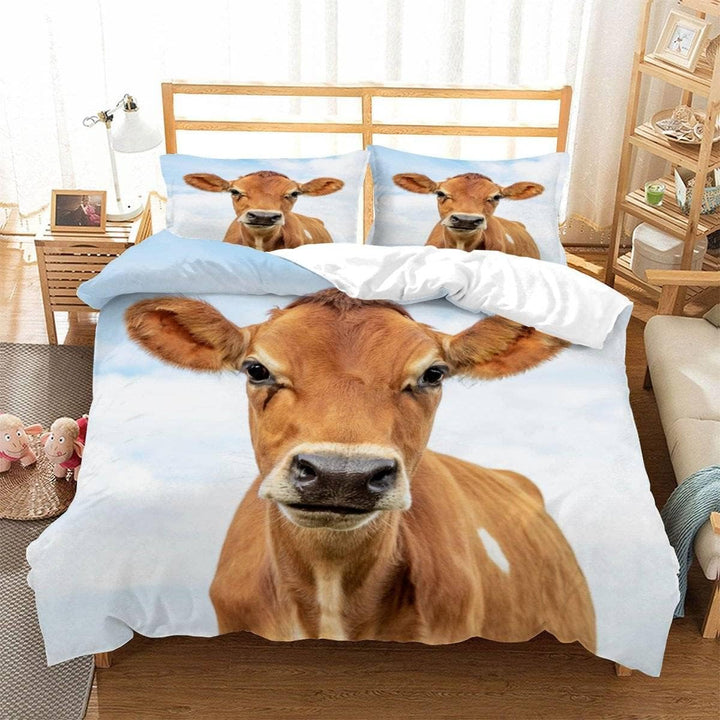 Kuh Tiere Bettwäsche 135×200 Weiche Mikrofaser 3D Druck Braune Kuh Bettbezug mit Reissverschluss Für