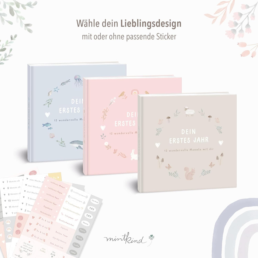 mintkind® Mein erstes Jahr Babyalbum Blumen rosa – zartes Babytagebuch mit 176 Seiten und Sticker-Se