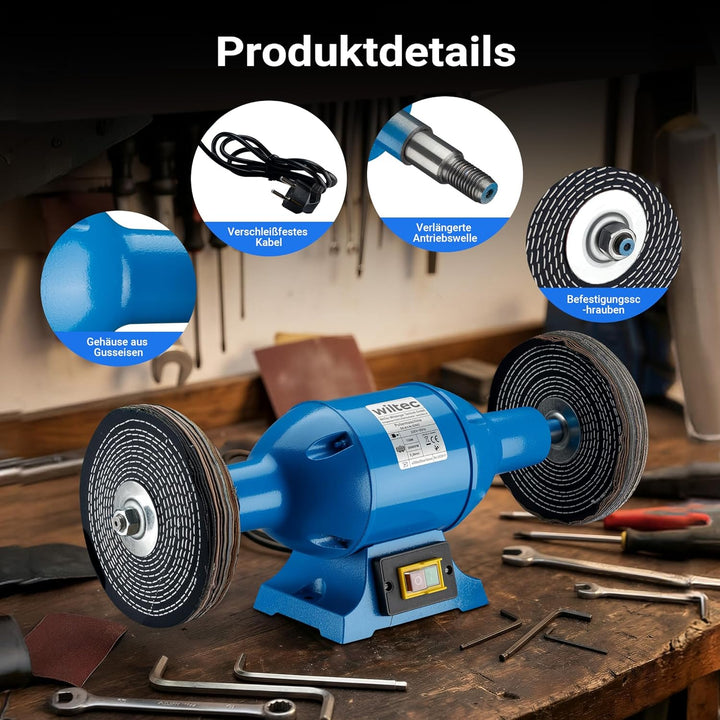 Wiltec Poliermaschine 750W mit 2 Polierscheiben Ø 200mm, 2950 U/min, Doppelschleifer mit robustem Ge