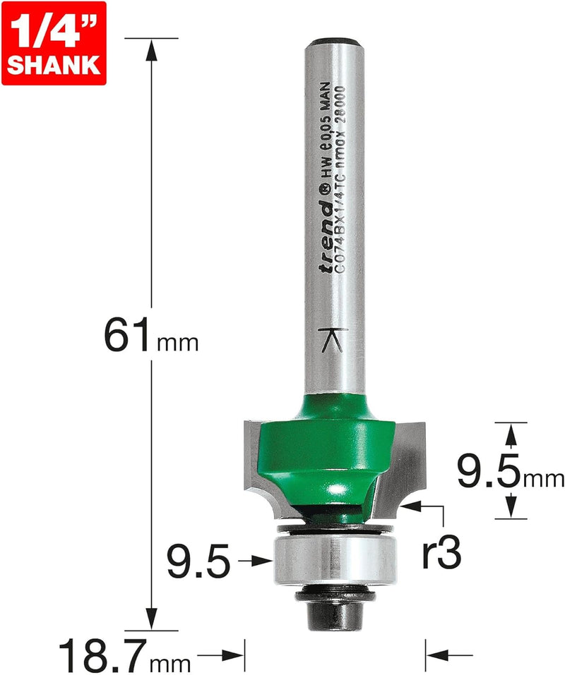 Trend Craft Rundfräser mit Schaftlager, C074BX1/4TC B/GUIDED OVOLO, 3 mm Rad, B/GUIDED OVOLO, 3 mm R