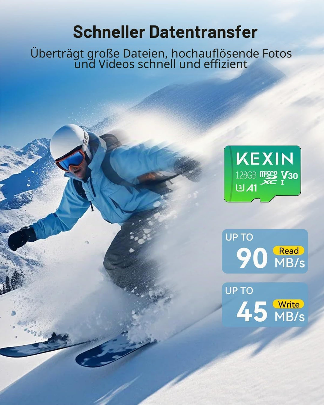 KEXIN Micro SD Karte 128GB microSDXC UHS-I A1, Class 10, U3, V30, Full HD-Videos Speicherkarte 128 G