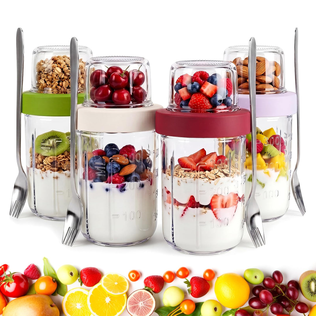 4er Set Müslibecher To Go, 621ml Joghurtbecher To Go mit Löffel, 16 oz+5 oz Overnight Oats Gläser, 2