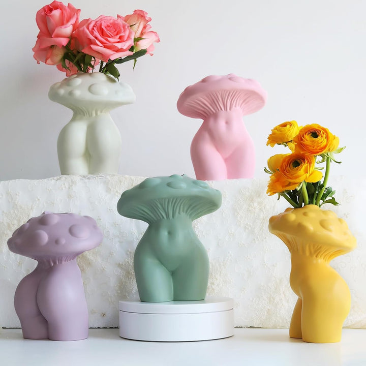 GUGUGO Pilz-Lady-Körpervase für Blumen, flippige Pilz-Dekoration, eklektische Lady Form Butt Vasen f