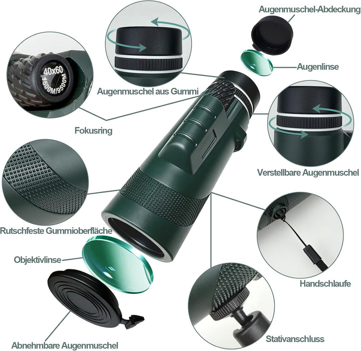 BIBIRE 40x60 Monokular-Fernrohr für Erwachsene, hochvergrössernd | Monokular mit Smartphone-Adapter