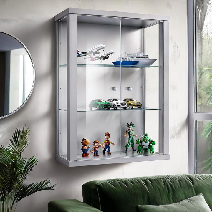 K-Möbel Hängevitrine Glas in Alu/Silber (80x60x25 cm) mit 2 höhenverstellbaren Glasböden - Modellaut