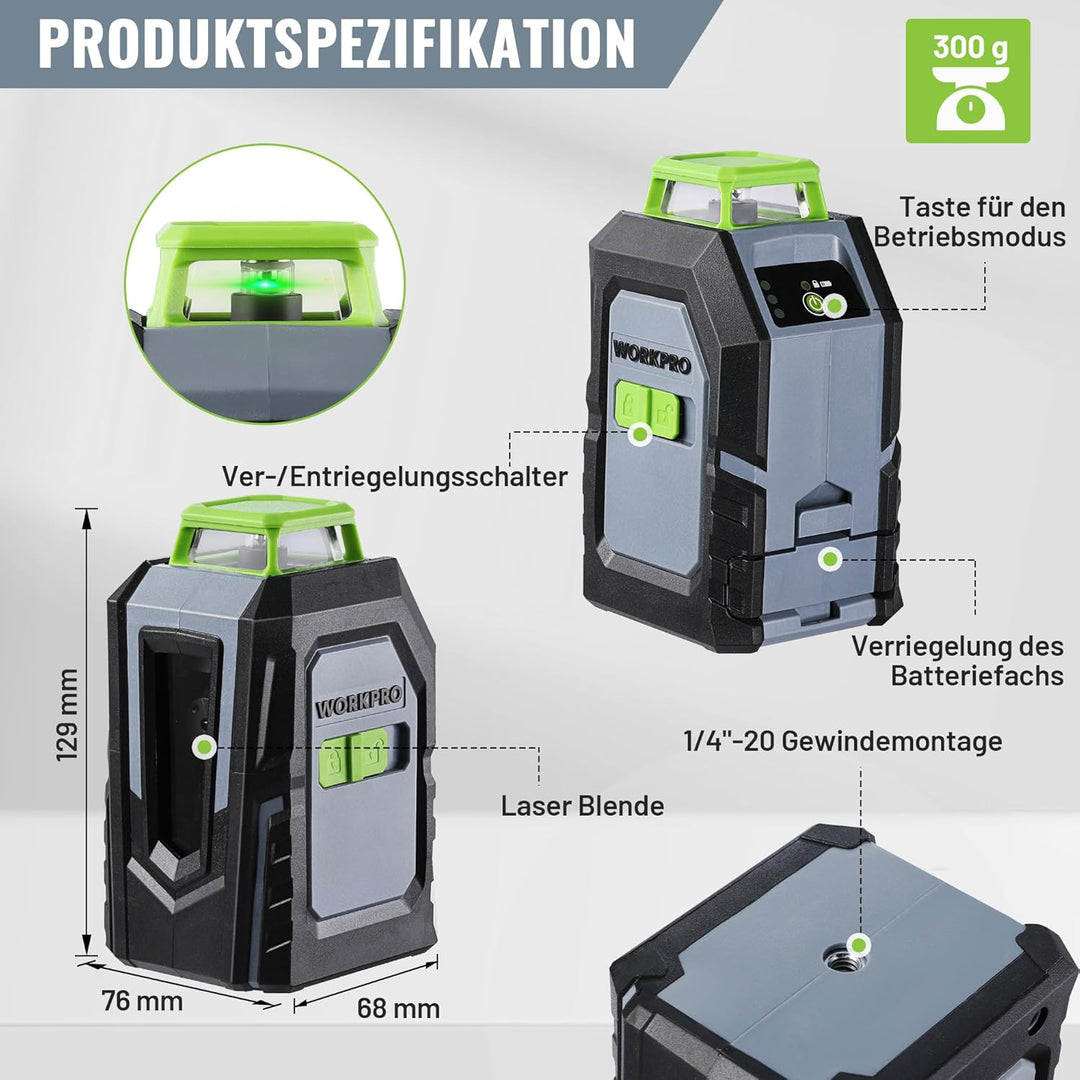 WORKPRO 360° Laserwasserwaage mit Stativ, 30 m Grüner Kreuzlinienlaser, Horizontal/Vertikal/Kreuzlin
