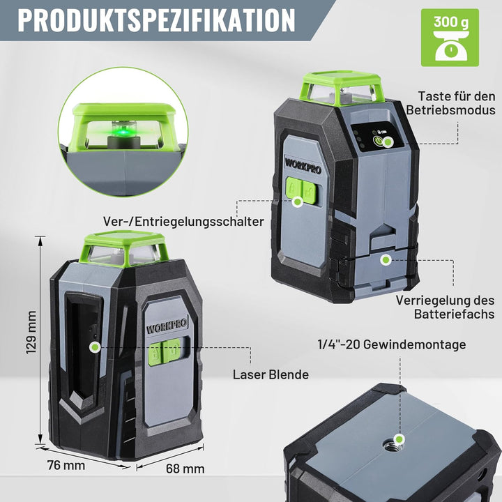 WORKPRO 360° Laserwasserwaage mit Stativ, 30 m Grüner Kreuzlinienlaser, Horizontal/Vertikal/Kreuzlin