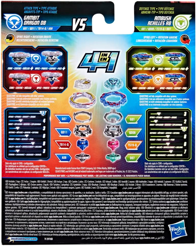 Beyblade Burst QuadStrike Gambit Dragon D8 und Ambush Achilles A8 Kreisel Doppelpack, Battle Kreisel